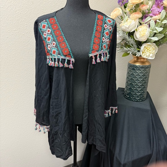 Lilypad Sweaters - Lilypad Boho Kimono Cardigan | Black Tassel Trim Embroidered Festival Jacket